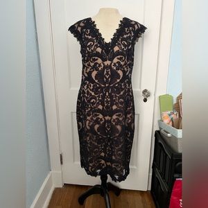 Tadashi Shoji navy lace/nude underlay dress, 12